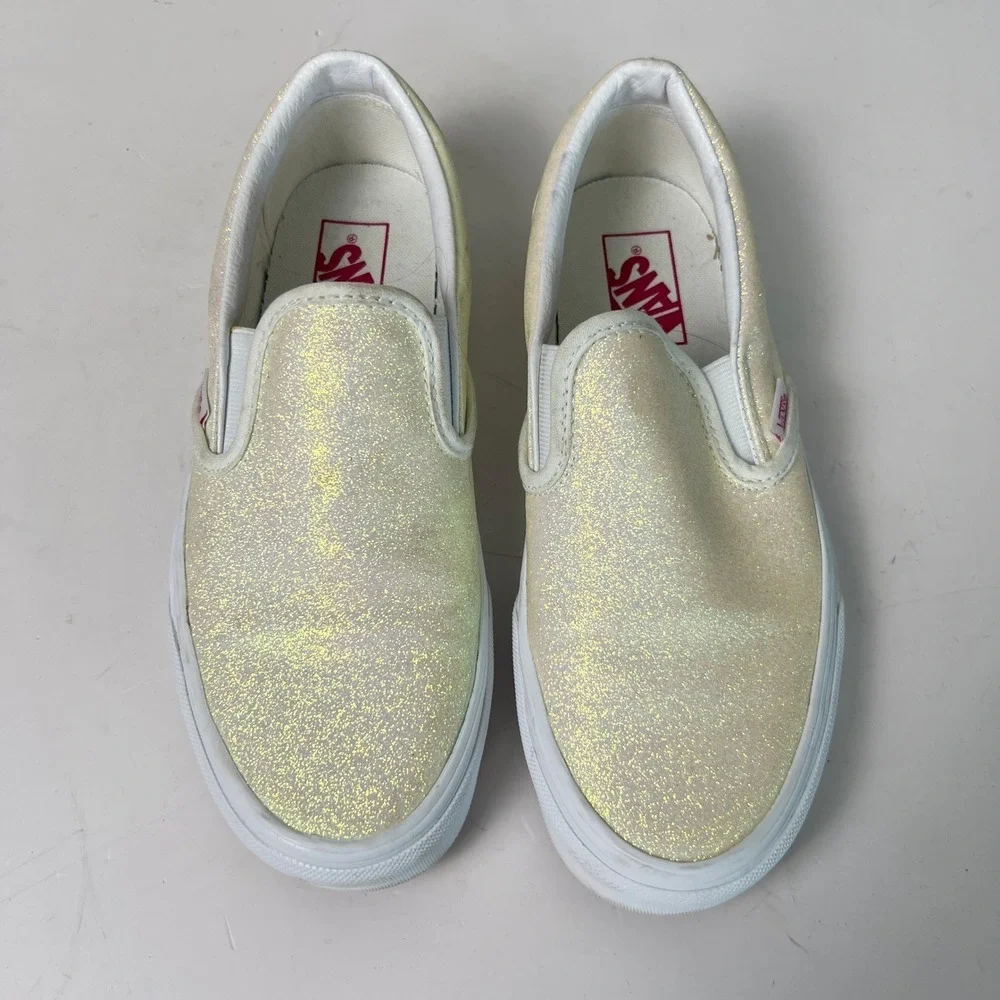 Vans Slip On Shoes Womens 8.5 Beige Shiny Glitter Sparkle Sneakers
